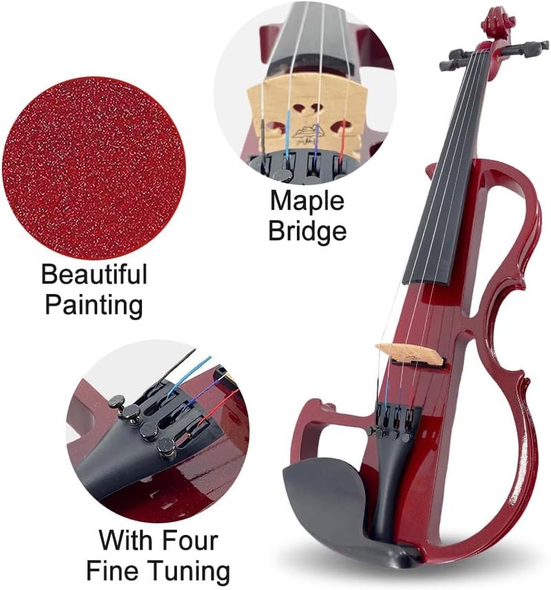 ModouString 4/4 Full Size Electric Violin – Silent Electric Violin with Headphone Jack, Ebony Fittings – Includes Case, Bow, – Ideal for Practice & Performance (Red) - Image 4